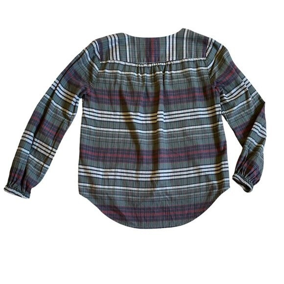 Madewell V-Neck Button-Down Shirt Sz XS Green White Plaid Cotton Neutral Earthy - Picture 5 of 14